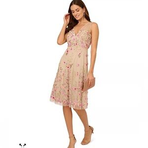 Adrianna Papell Nude Mesh Midi Dress with Pink Floral Embroidery